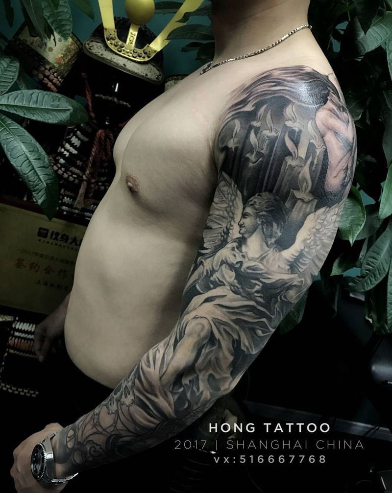 欧美黑灰花臂纹身图片