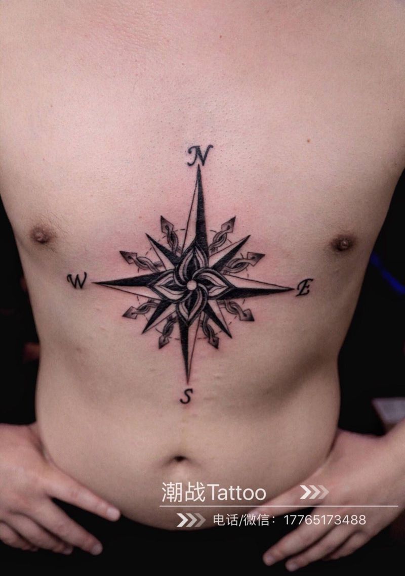 指引纹身图片_成品胸部欧美静物指南针纹身图案