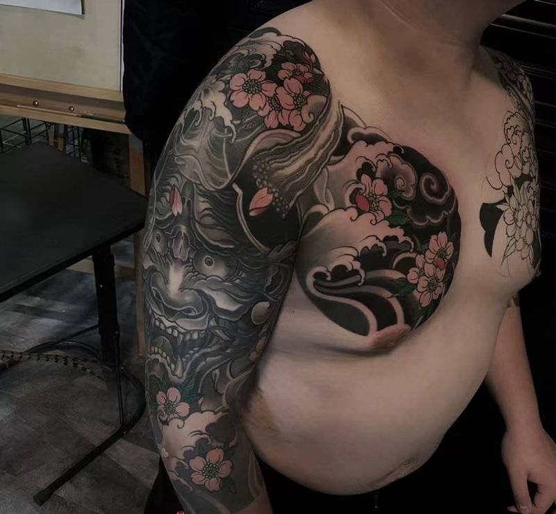 般若 7分袖半甲纹身图片_手臂胸部老传统新传统纹身图案