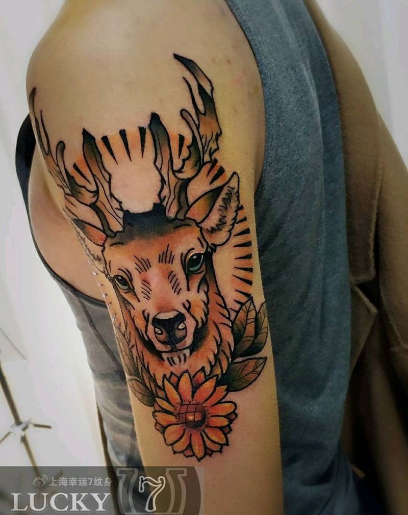 鹿头|幸运7纹身纹身图片_手臂Old School纹身图案