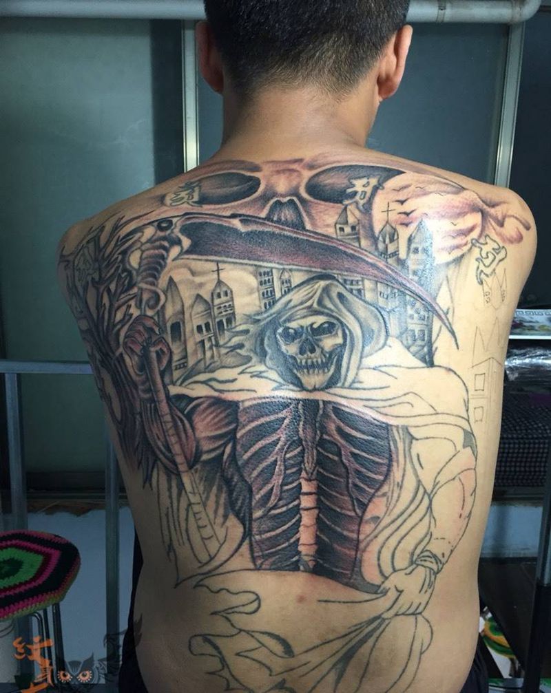 死神纹身图片_成品欧美背部人物纹身图案