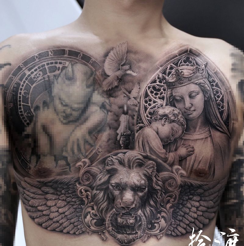 雕像花胸纹身图片_胸部肩部欧美写实花体字纹身图案