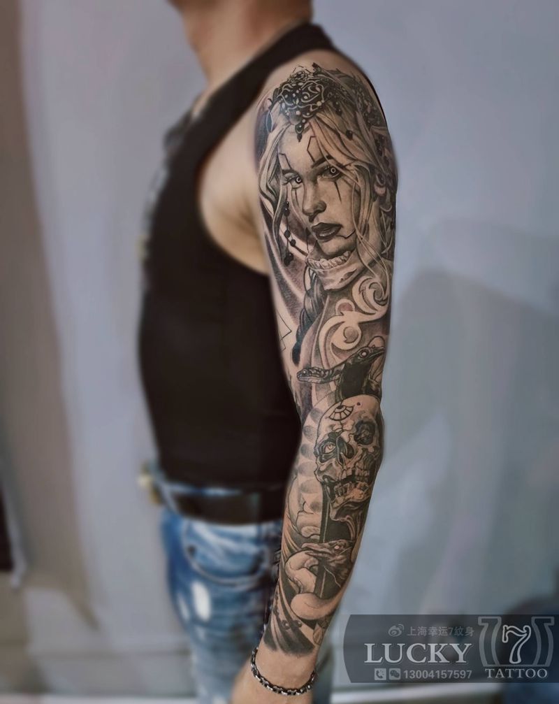 欧美包臂幸运7纹身纹身图片_手臂欧美写实纹身图案