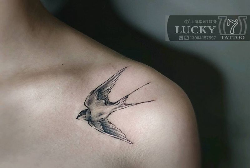 燕子|幸运7纹身纹身图片_锁骨清新纹身图案
