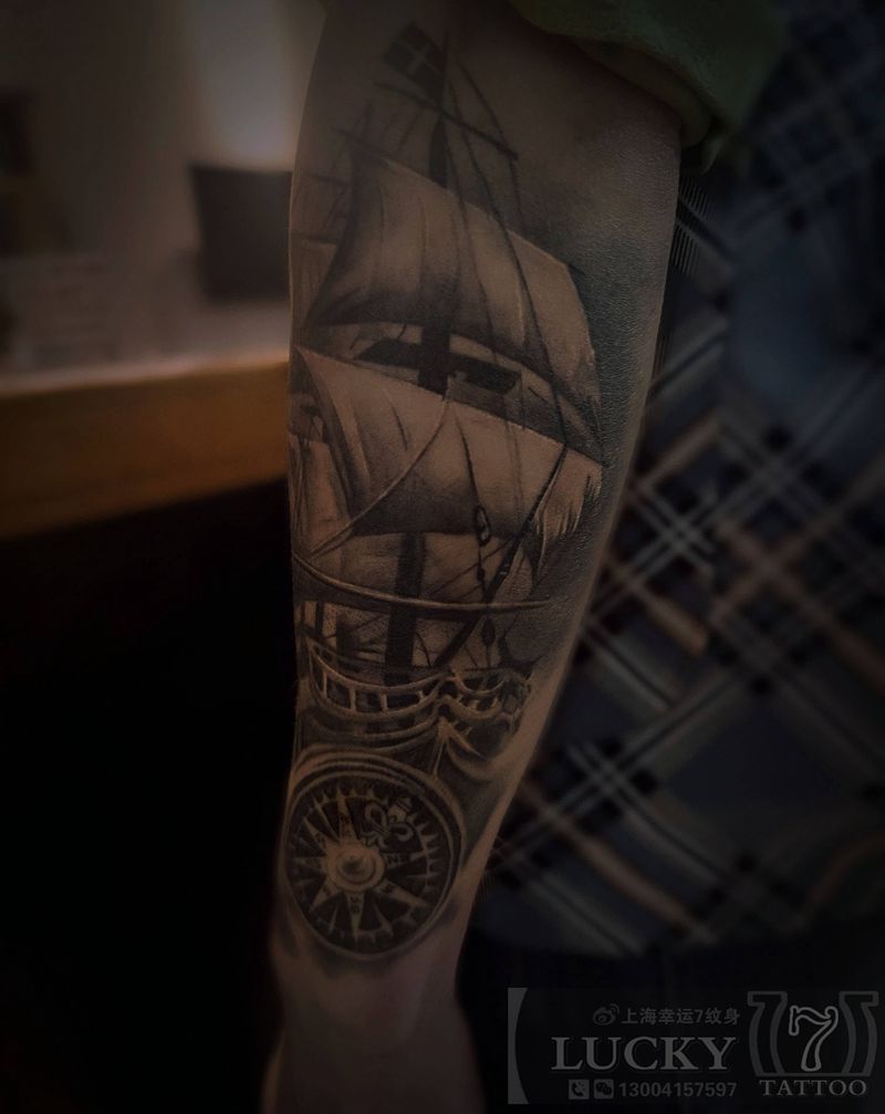 帆船|幸运7纹身纹身图片_欧美写实小臂纹身图案