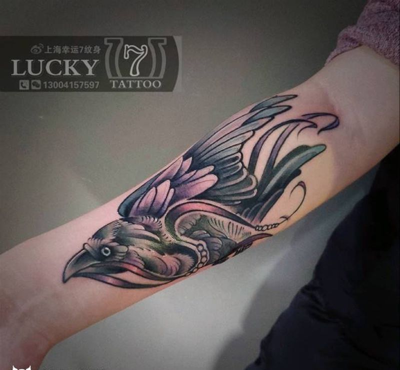 飞鸟|幸运7纹身纹身图片_手臂New School纹身图案
