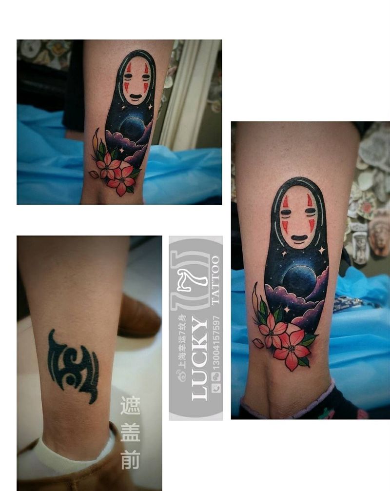 遮盖|“无脸男”|幸运7纹身纹身图片_腿部New School遮盖纹身图案