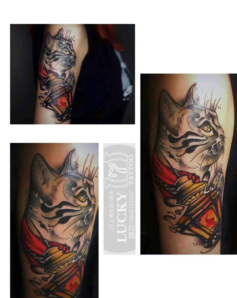 猫|幸运7纹身纹身图片_手臂New School纹身图案
