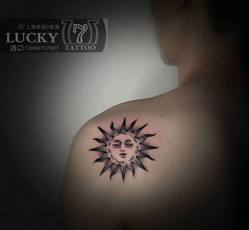 太阳|幸运7纹身纹身图片_肩部Old School纹身图案