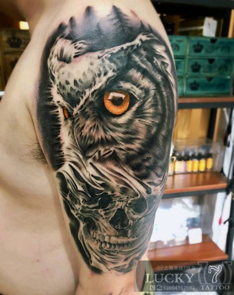 猫头鹰|骷髅|幸运7纹身纹身图片_手臂欧美写实纹身图案