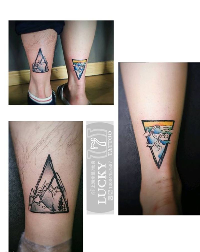 情侣纹身|水彩山水|幸运7纹身纹身图片_腿部水彩水墨情侣纹身图案