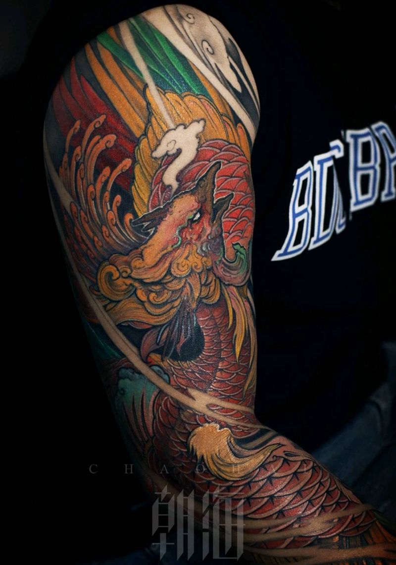 彩色凤凰纹身图片_手臂新传统凤凰彩色花臂纹身图案