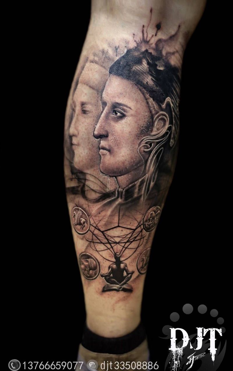 by 首席 阿开.纹身图片_欧美清新写实肖像人物几何原创宗教腿部成品纹身图案