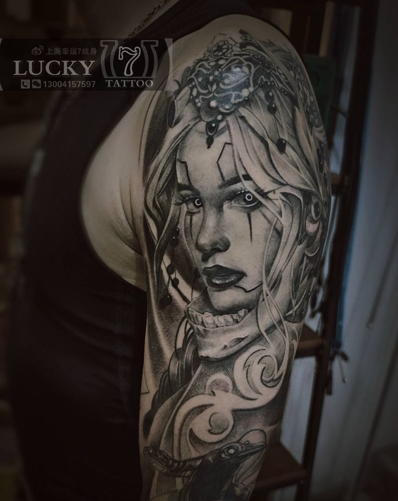 欧美花臂|幸运7纹身纹身图片_手臂欧美写实纹身图案