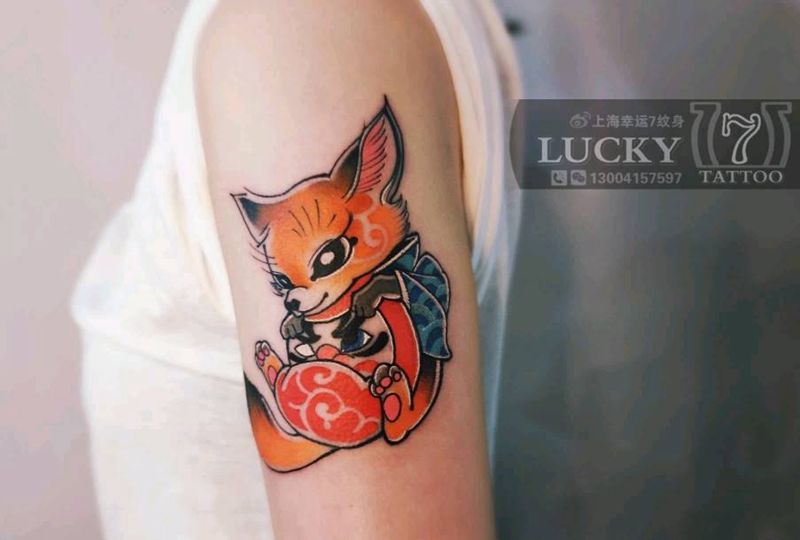 狐狸|达摩|幸运7纹身纹身图片_手臂New SchoolOld School纹身图案