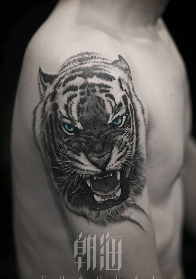 虎啸纹身图片_手臂欧美写实纹身图案