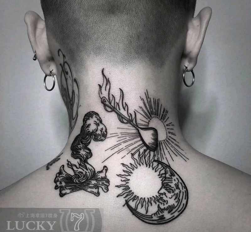 暗黑|幸运7纹身纹身图片_颈部Old School暗黑纹身图案