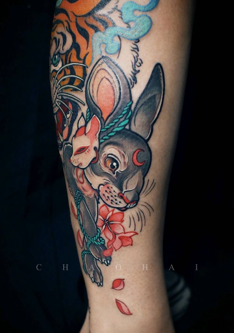 老虎 兔子 newschool纹身图片_腿部New School老虎兔子newschool纹身图案