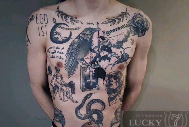 暗黑拼接|幸运7纹身纹身图片_胸部Old School暗黑纹身图案