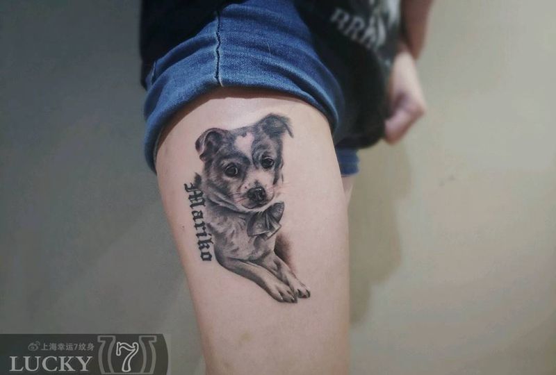 宠物小狗|幸运7纹身纹身图片_欧美写实大腿纹身图案