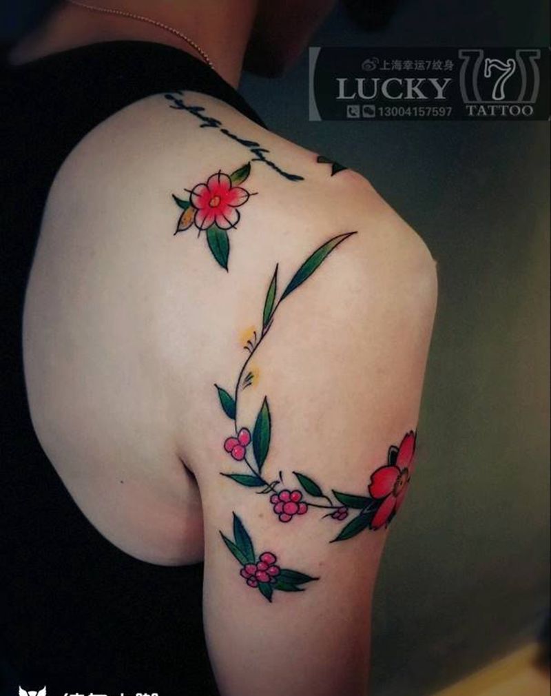 小花|幸运7纹身纹身图片_肩部清新植物成品纹身图案