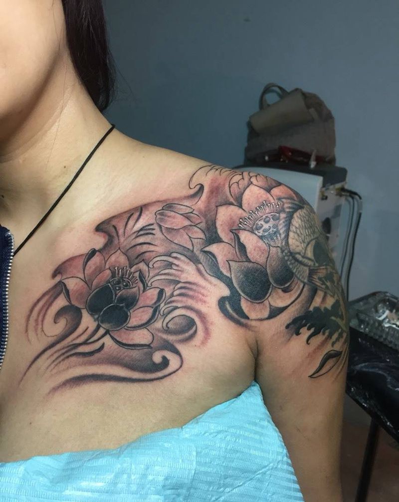 遮盖字纹身图片_成品胸部手臂传统植物纹身图案