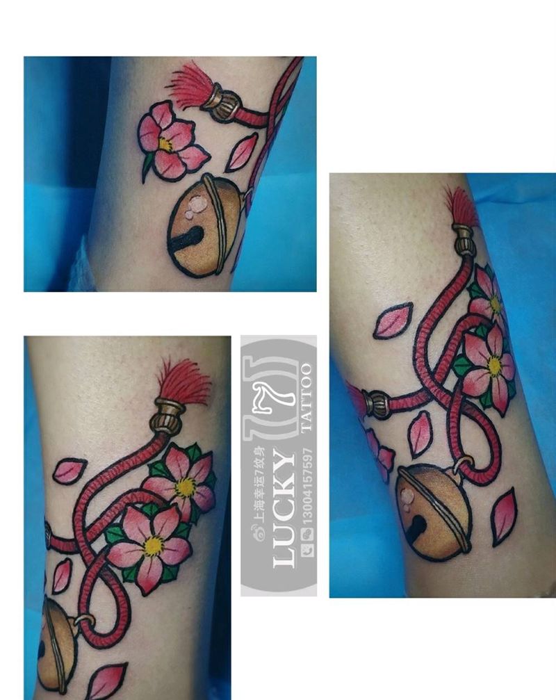 樱花铃铛|幸运7纹身纹身图片_New School脚踝纹身图案