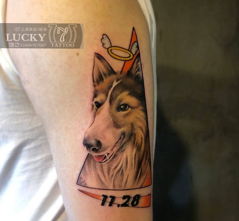 狗头肖像|幸运7纹身纹身图片_手臂New School纹身图案