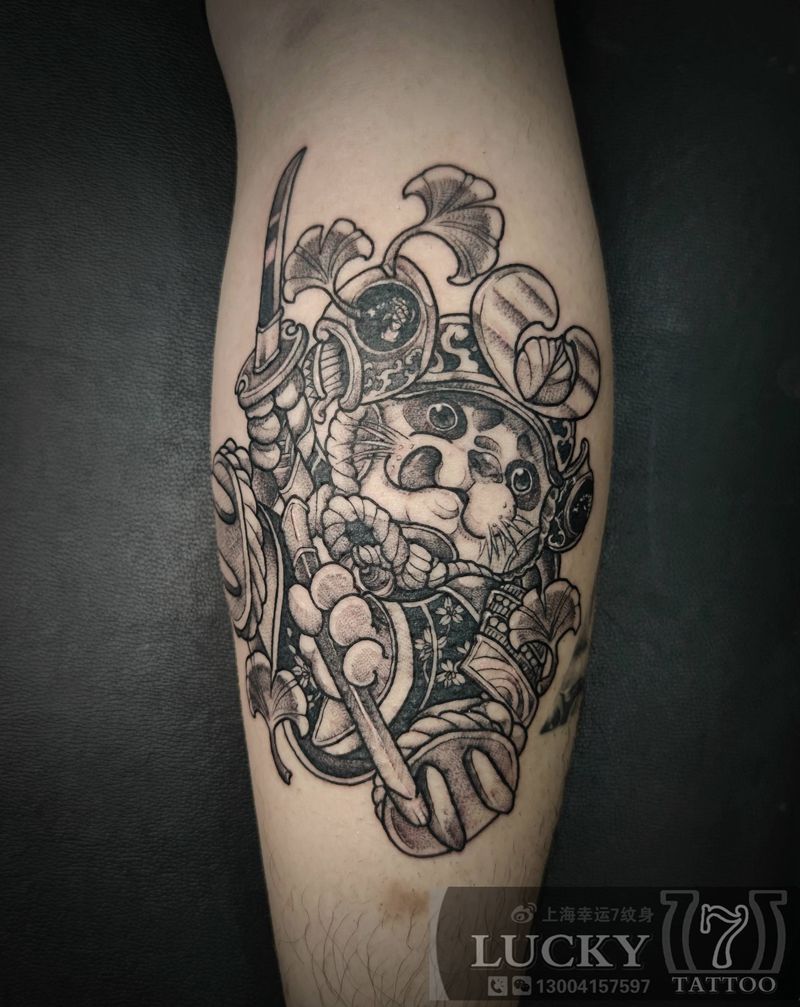 武士猫|幸运7纹身纹身图片_New School小腿纹身图案