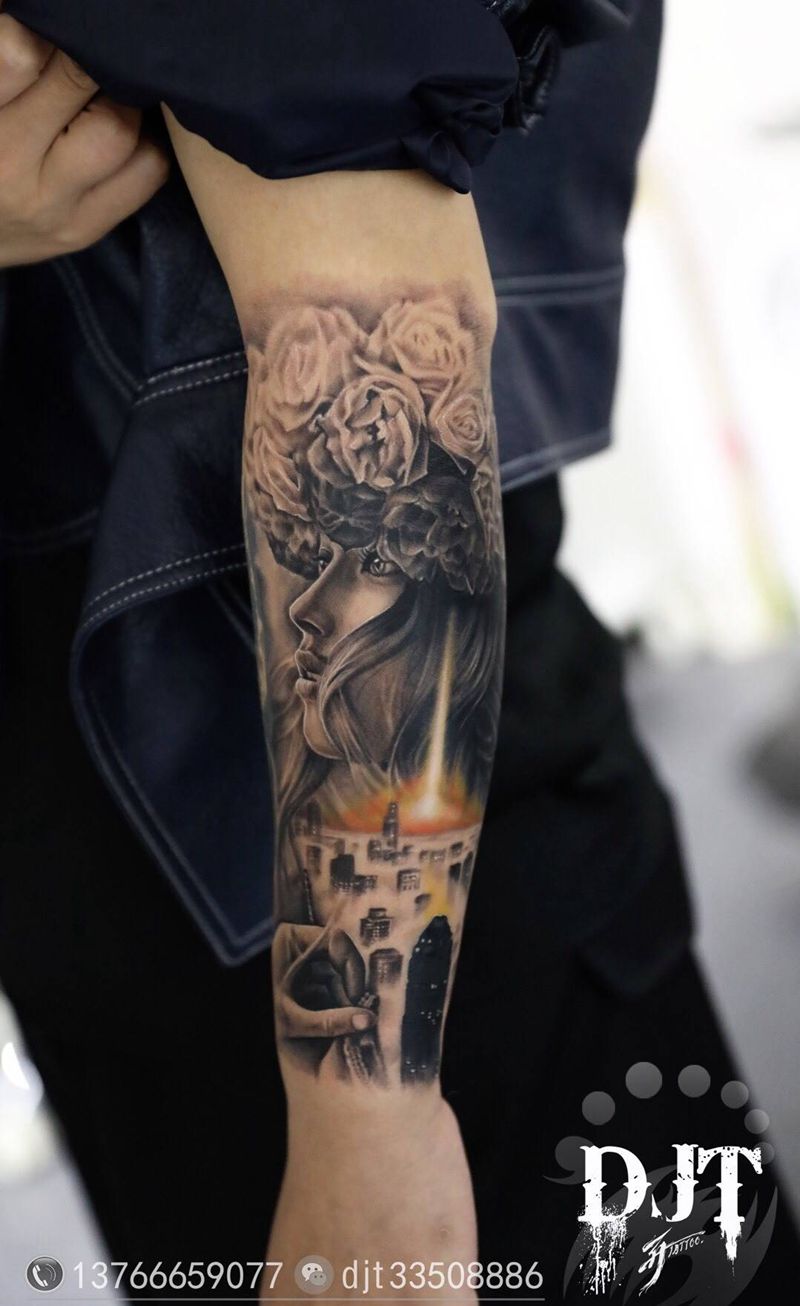 城市之光纹身图片_手臂欧美写实城市美女纹身图案