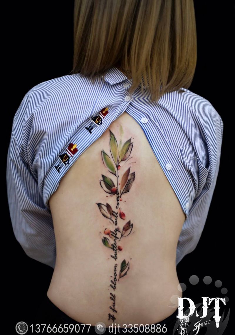 文意“你若盛开，蝴蝶自来”. by阿开.纹身图片_手稿成品插画背部写实清新欧美几何字符情侣纹身图案