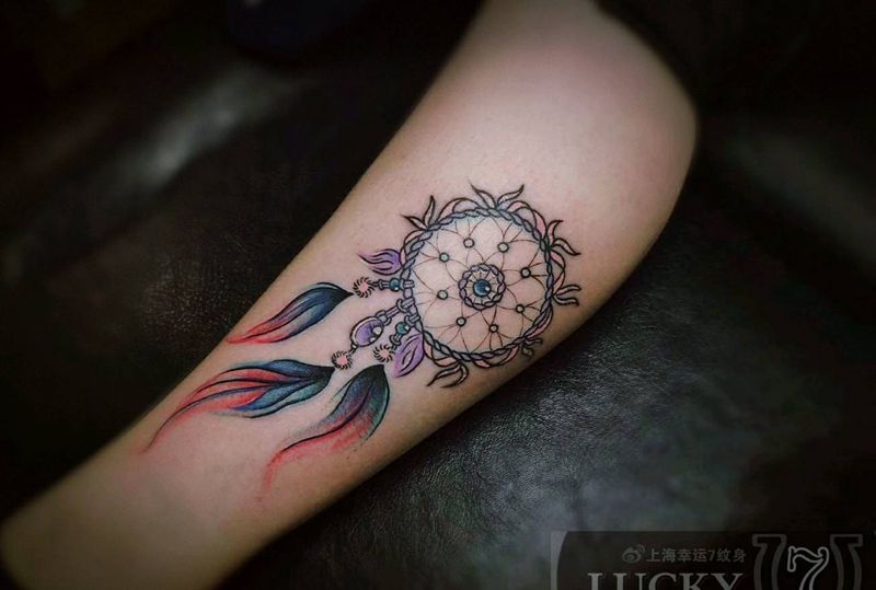 捕梦网|幸运7纹身纹身图片_腿部水墨纹身图案