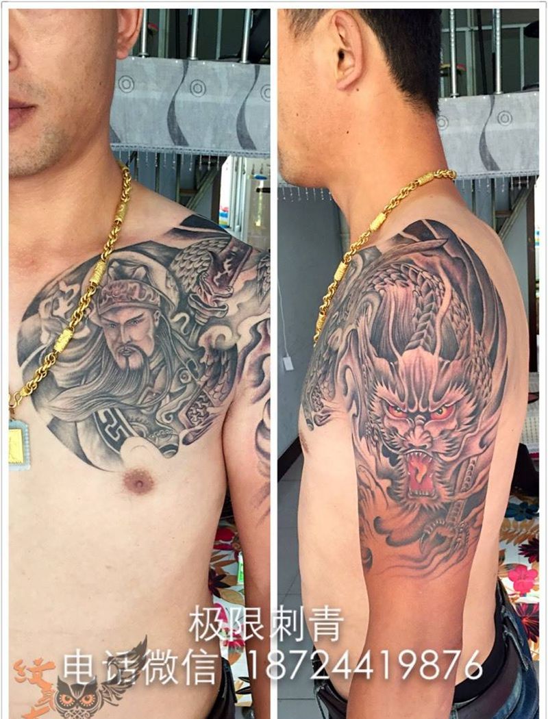 半甲纹身图片_成品胸部肩部传统人物动物纹身图案