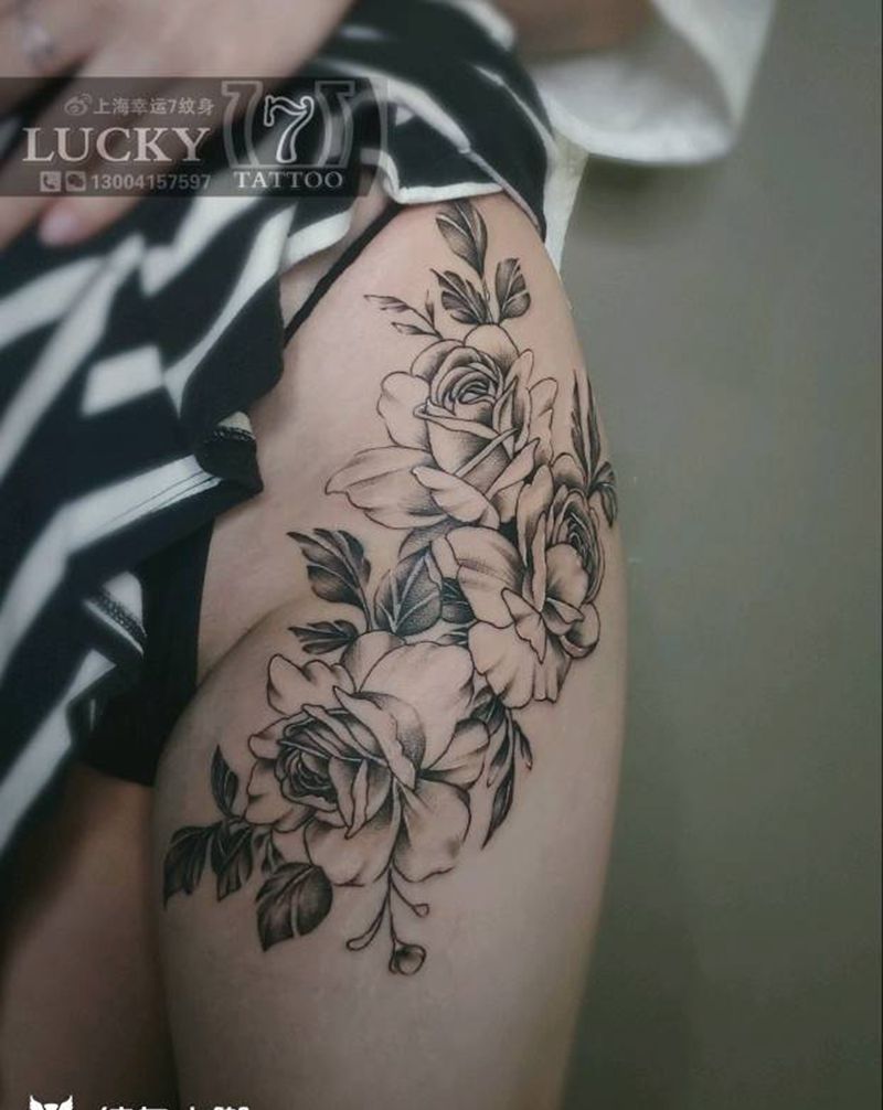 清新素花|幸运7纹身纹身图片_胯部清新素花纹身图案