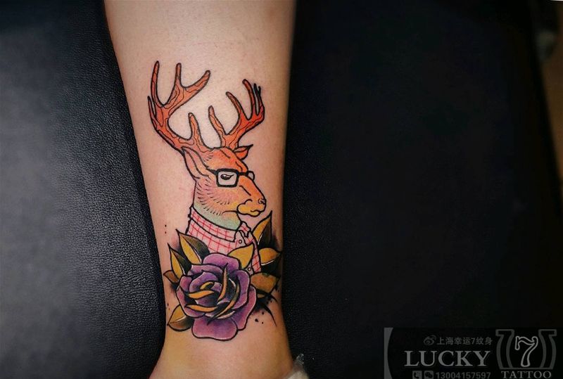 遮盖设计|鹿先生|幸运7纹身纹身图片_腿部New School遮盖纹身图案