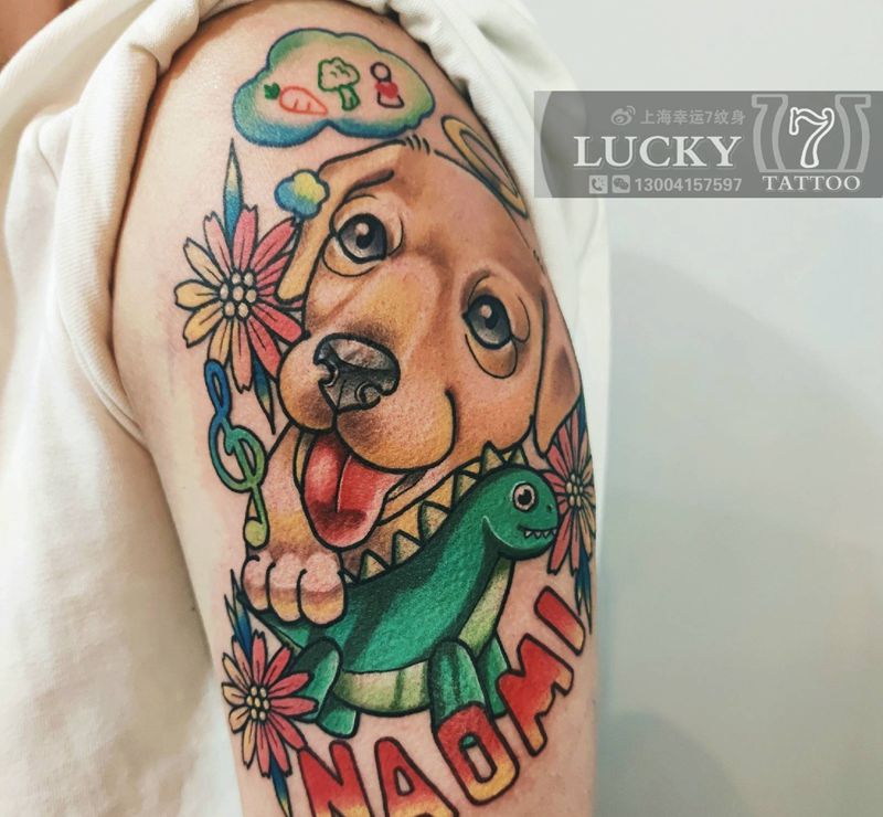 小狗|幸运7纹身纹身图片_手臂New School纹身图案
