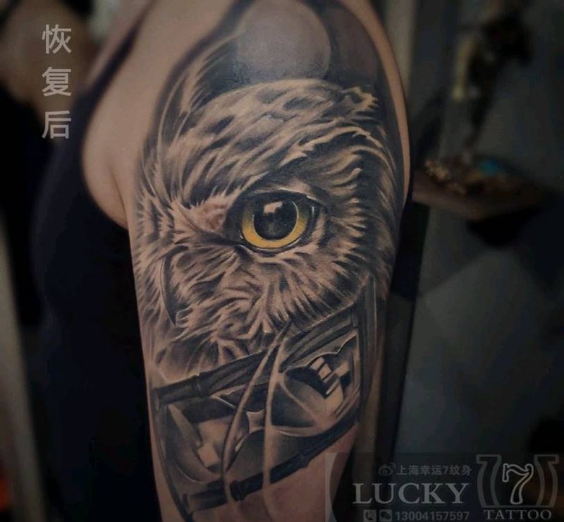猫头鹰|恢复后|幸运7纹身纹身图片_手臂欧美写实纹身图案