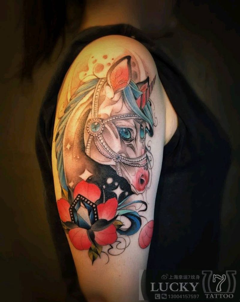 独角兽|幸运7纹身纹身图片_手臂New School纹身图案