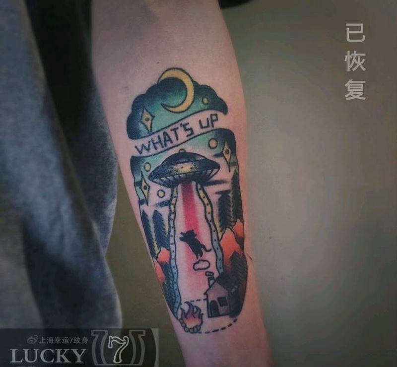 UFO飞碟|幸运7纹身纹身图片_手臂Old School纹身图案