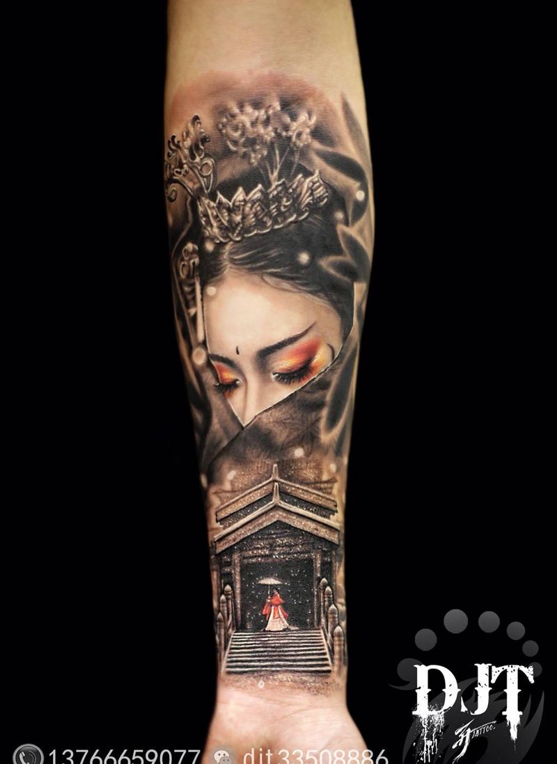 by 阿开 首席.纹身图片_欧美清新写实传统习俗国画肖像人物原创纹身图案