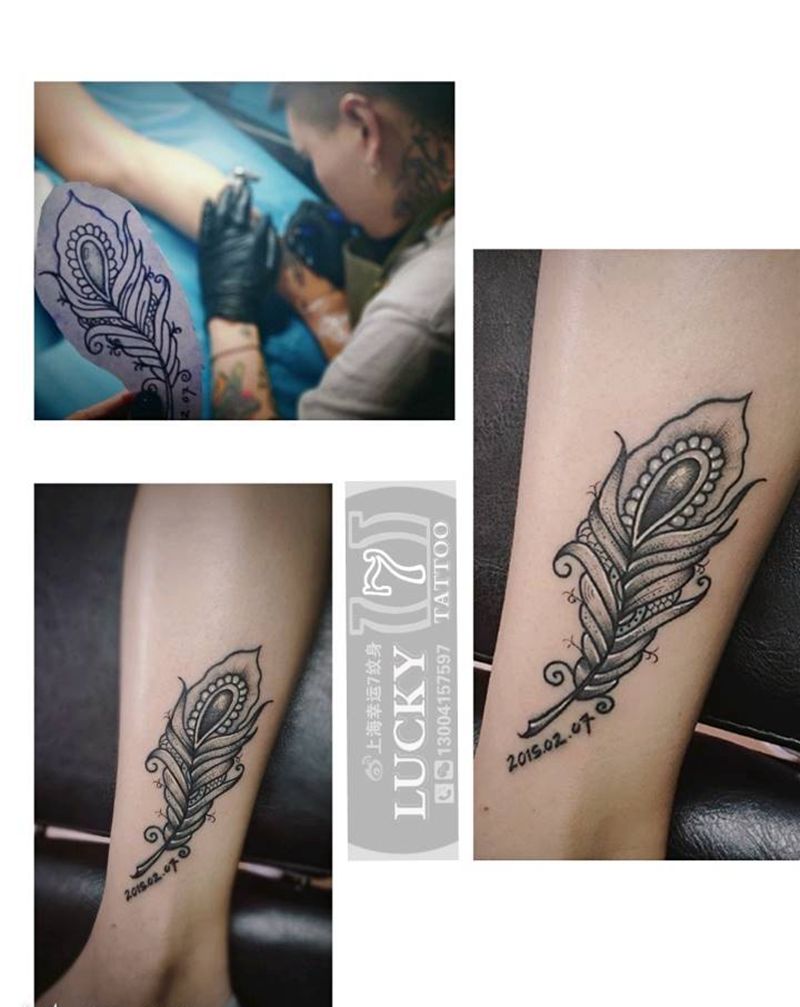 点刺羽毛|幸运7纹身纹身图片_点刺脚踝清新纹身图案