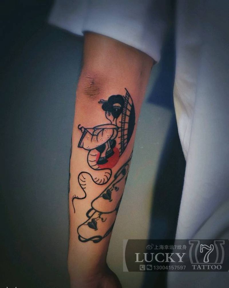 艺妓|幸运7纹身纹身图片_手臂日式纹身图案