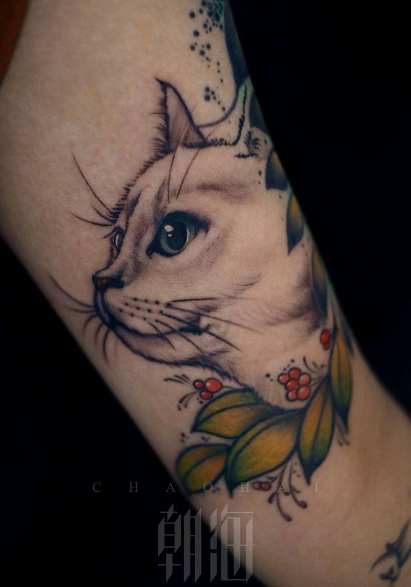 猫咪纹身图片_手臂New School纹身图案