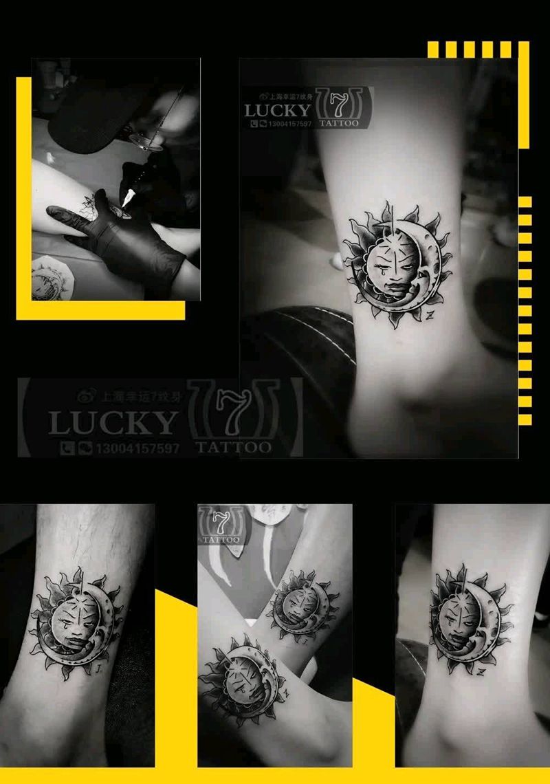 情侣|太阳月亮|幸运7纹身纹身图片_腿部情侣成品纹身图案