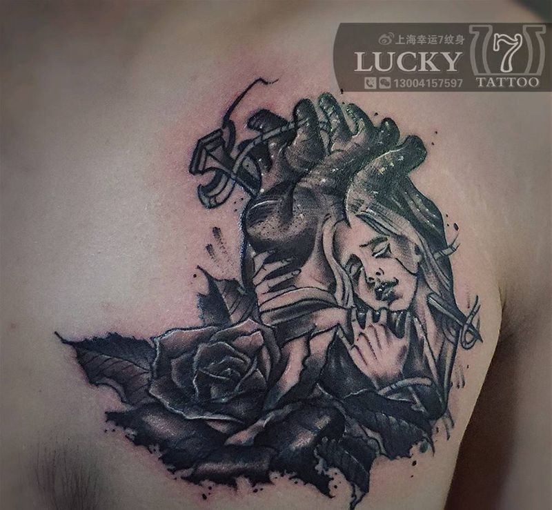 遮盖|黑暗心脏|幸运7纹身纹身图片_胸部欧美写实暗黑遮盖纹身图案