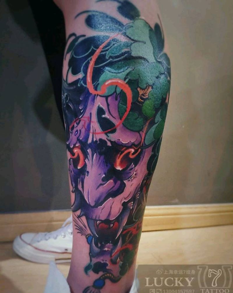 般若|幸运7纹身纹身图片_新传统小腿纹身图案