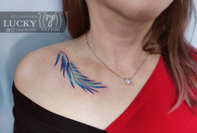 枝叶|幸运7纹身纹身图片_水彩锁骨清新纹身图案
