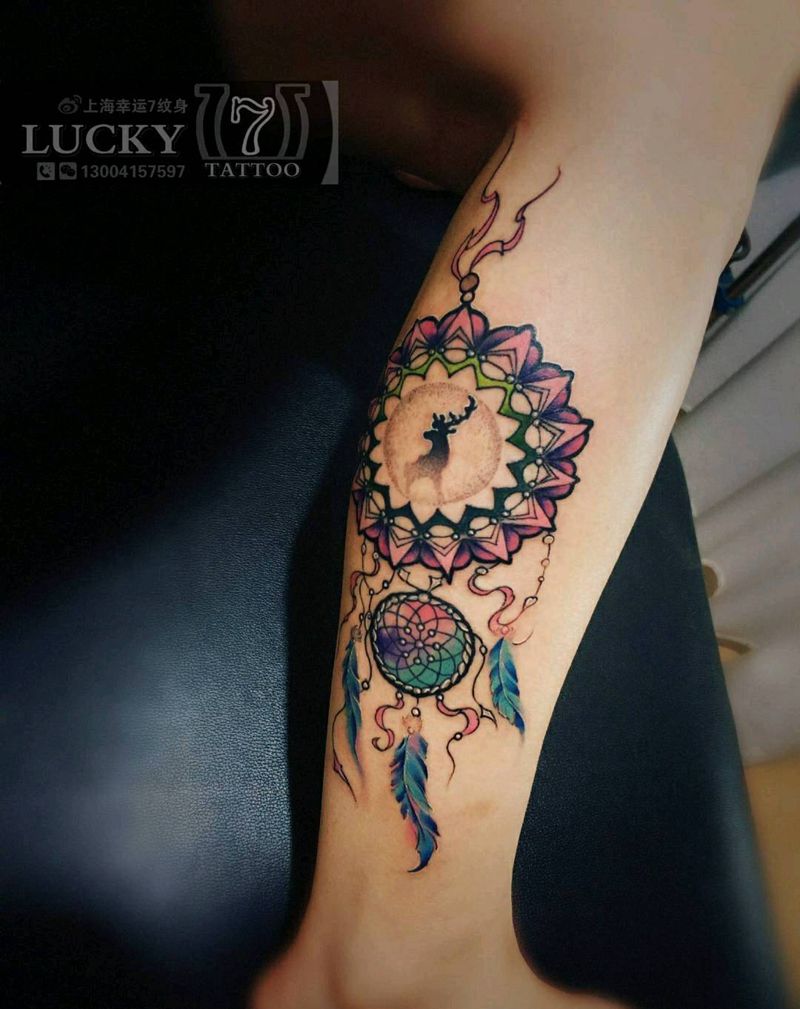 捕梦网|幸运7纹身纹身图片_腿部水彩纹身图案