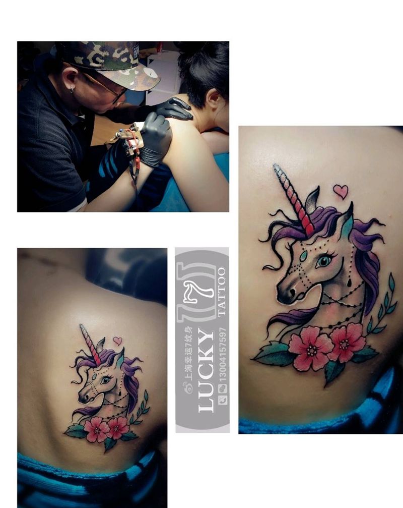独角兽|幸运7纹身纹身图片_背部清新动物彩色成品纹身图案