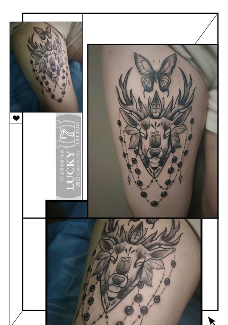 蝴蝶鹿头|幸运7纹身纹身图片_大腿纹身图案